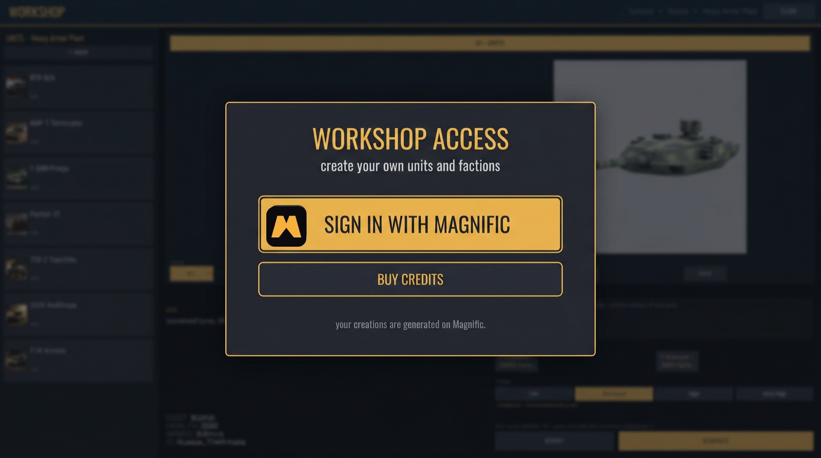 DoctrineStrike workshop access screen concept with a large Sign in with Magnific button and a Buy Credits button